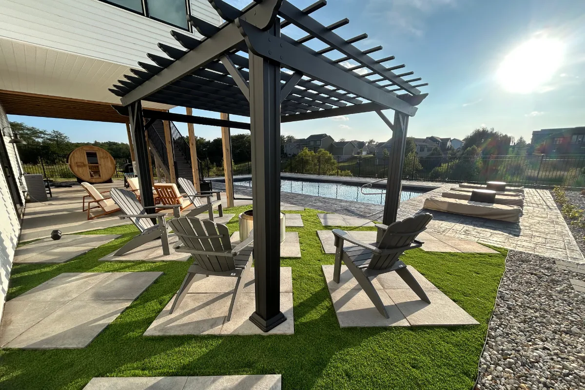 Curved paver patio with seating wall